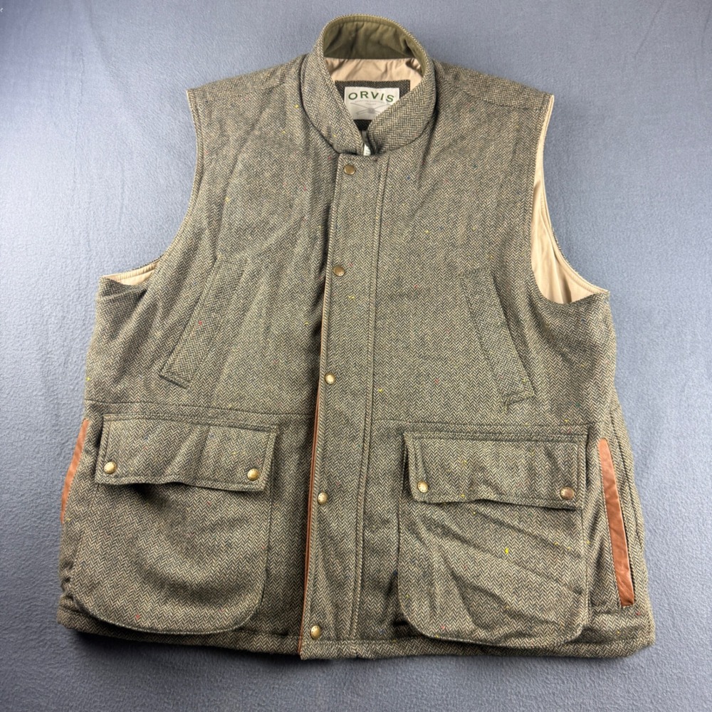 Vintage Orvis Hunting Vest Men's 2XL Brown Herringbone Lined Snap Wool Tweed